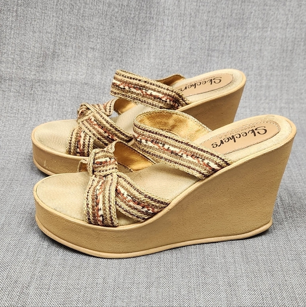 Vintage Skechers High 4 Inch Wedged Slip On Sandals Tan & Brown USA Made. 7 - Picture 3 of 9